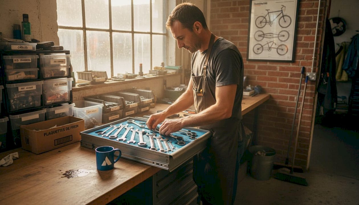 Un mécanicien range soigneusement ses outils dans un atelier de vélo impeccablement ordonné.