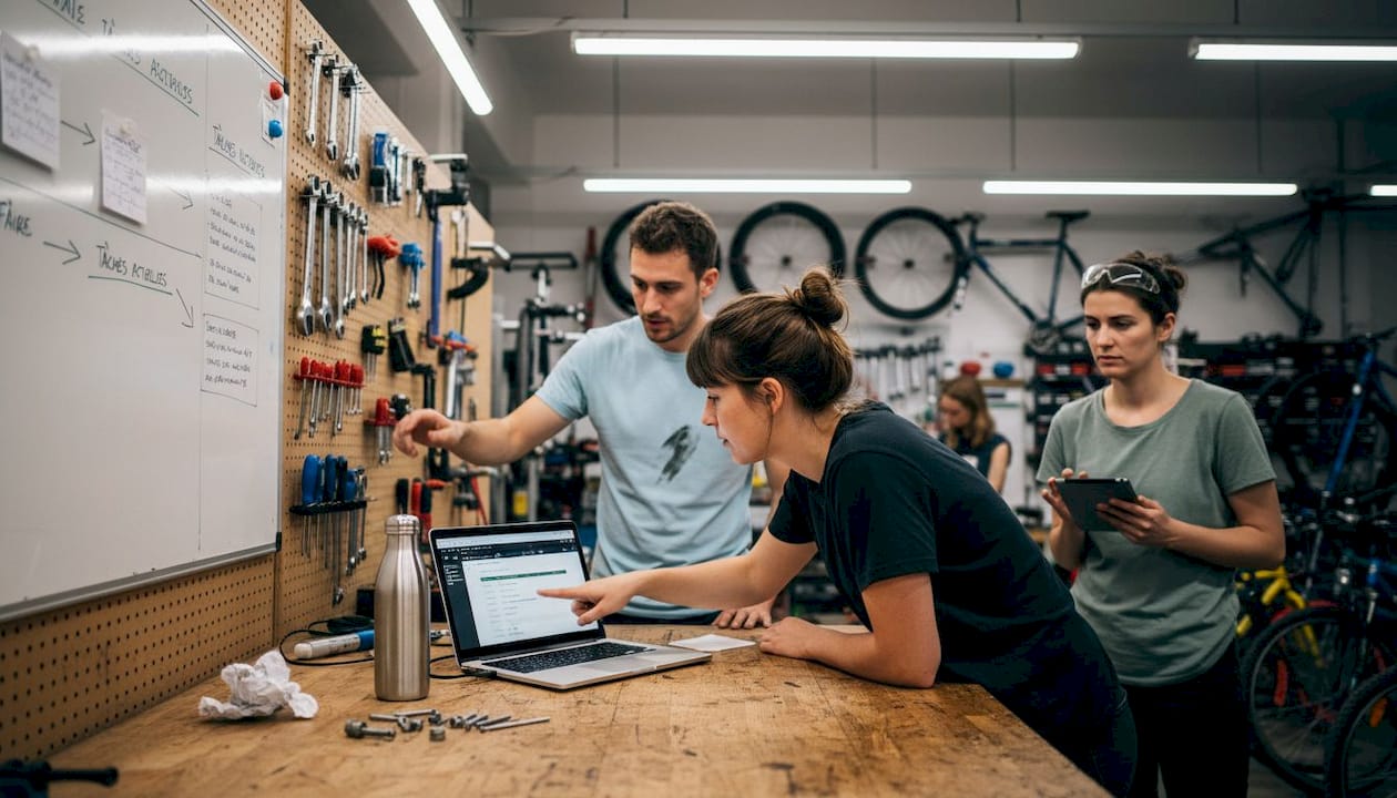 Des mécaniciens vélo organisent leur planning d’atelier autour d’un ordinateur portable.