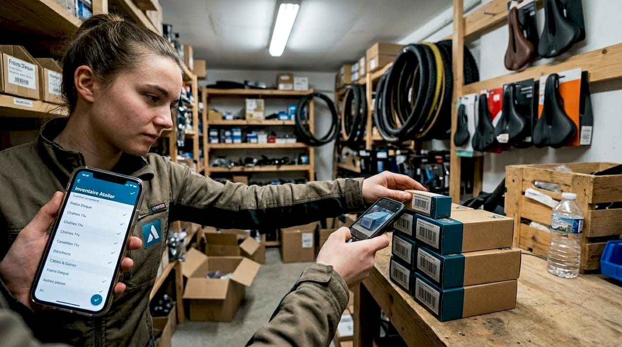Une salariée effectue le contrôle des pièces détachées dans l’atelier vélo à l’aide d’un scanner.