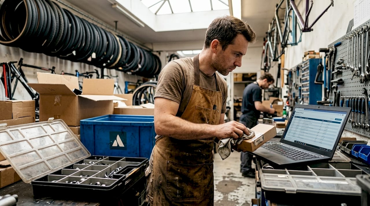 Mécanicien responsable de la gestion des stocks dans un atelier de réparation de vélos