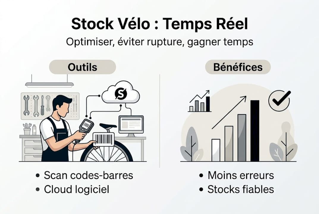Visuel explicatif sur le suivi en temps réel des stocks dans un atelier de réparation vélo