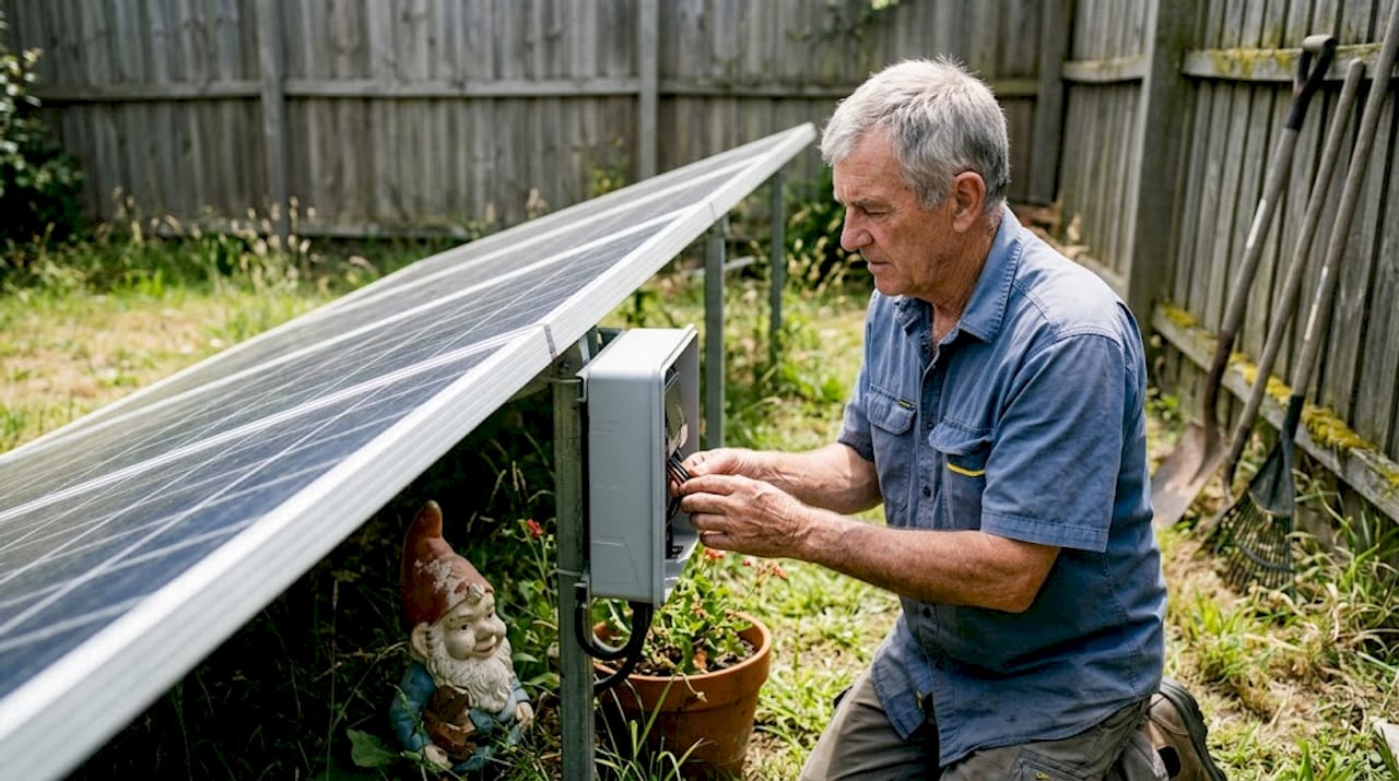 Propriétaire examinant l’état de ses panneaux solaires polycristallins