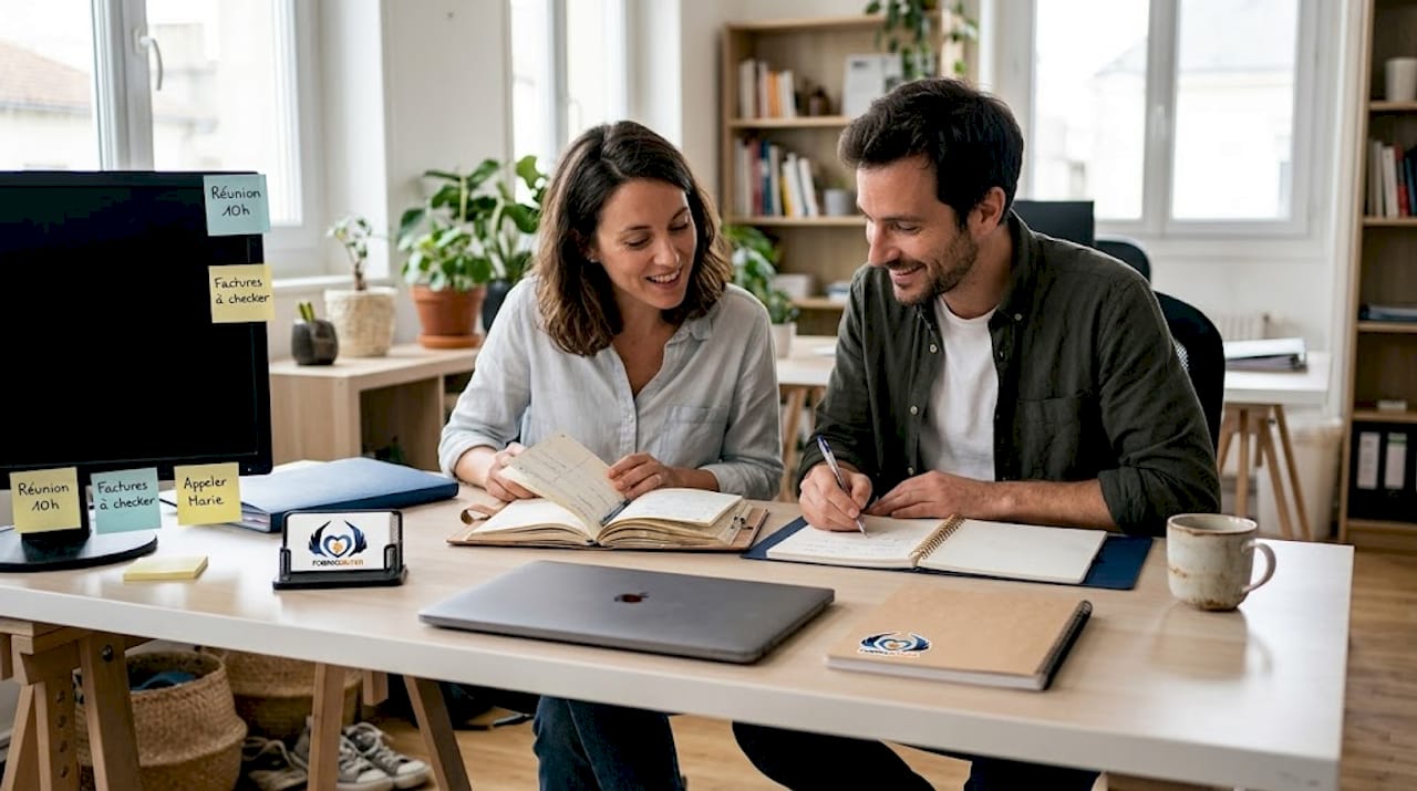 Des collaborateurs échangent sur des projets autour d’une table dans les locaux d’une petite entreprise.