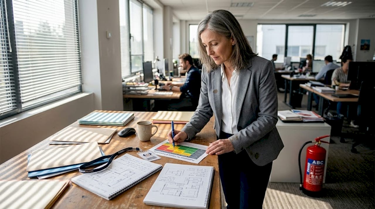 Dans son bureau, le responsable sécurité passe en revue les dossiers liés aux risques d’incendie.