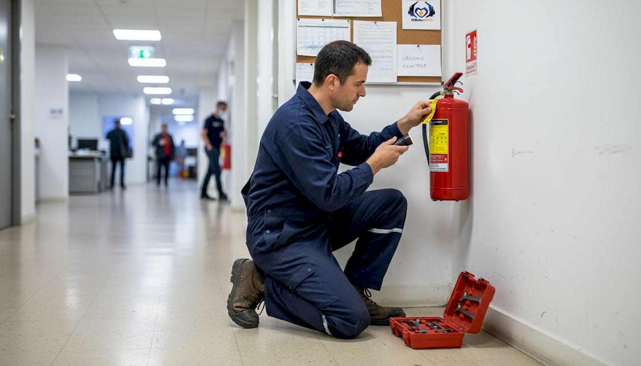 Un technicien procède à la vérification d’un extincteur dans le couloir d’une PME.