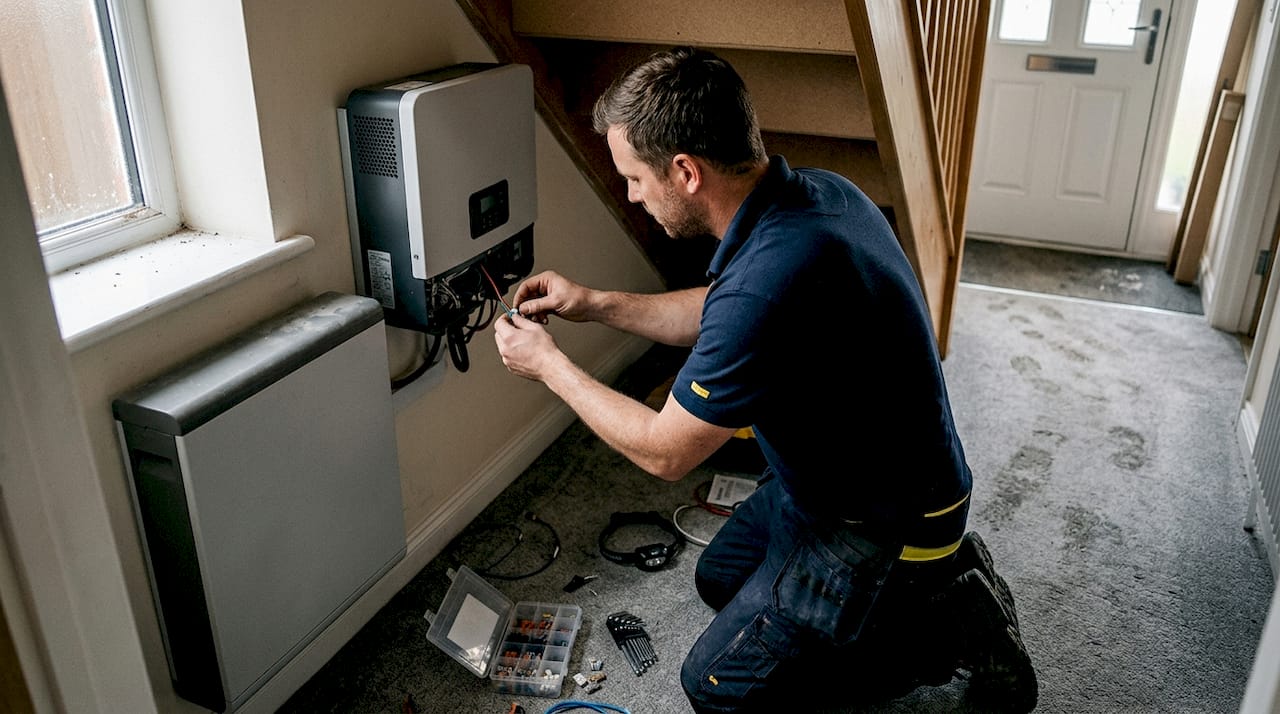 Un professionnel procède à l’installation d’une batterie solaire chez un particulier.