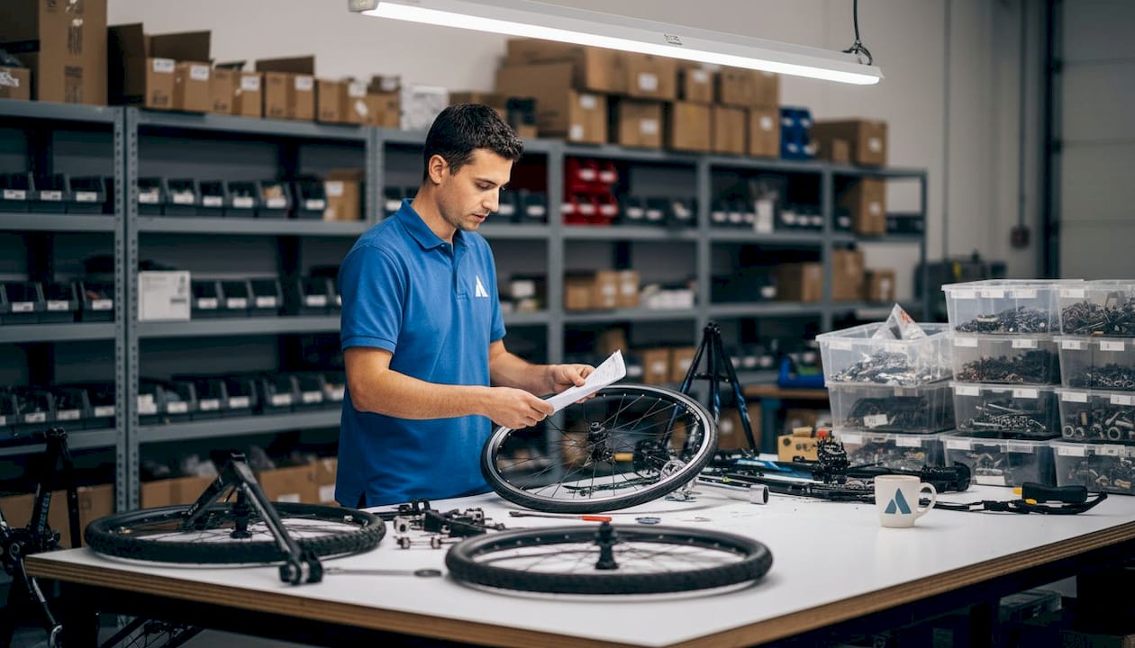 Un membre de l’équipe est en train de réorganiser l’inventaire des vélos à l’atelier.