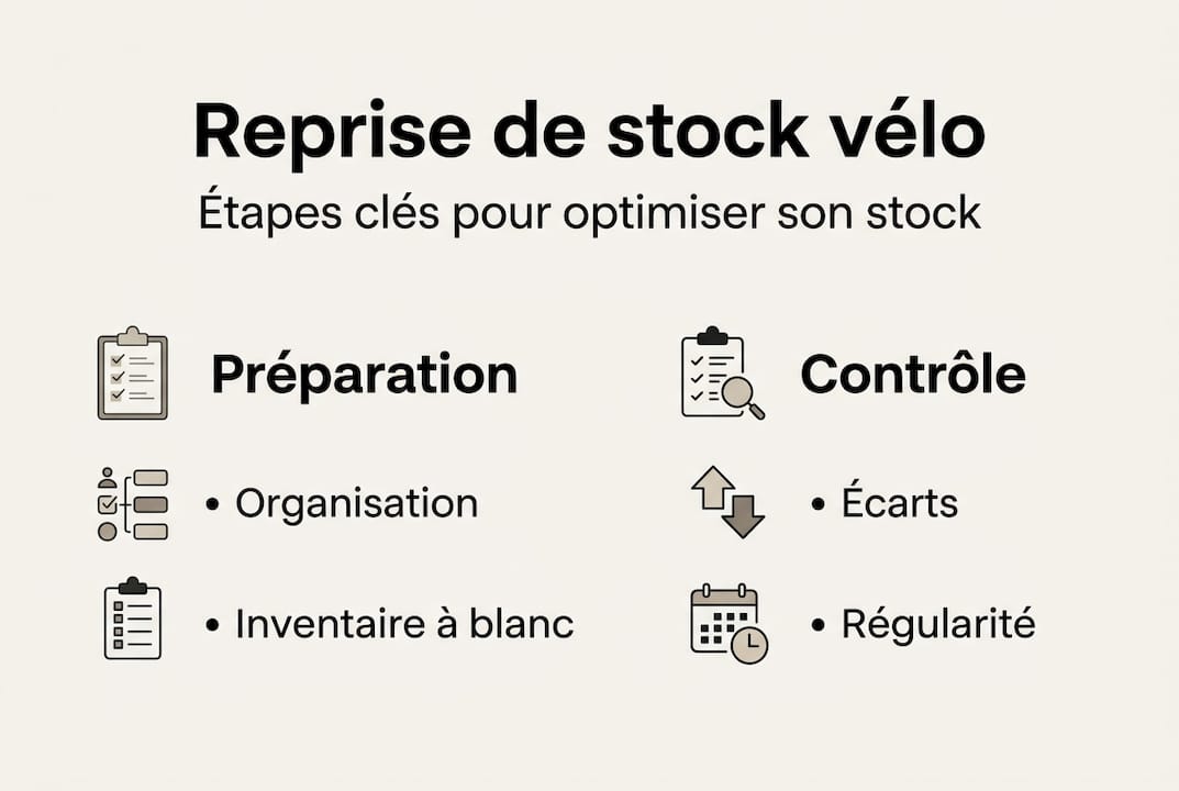 Infographie récapitulative des différentes étapes pour reprendre un stock de vélos