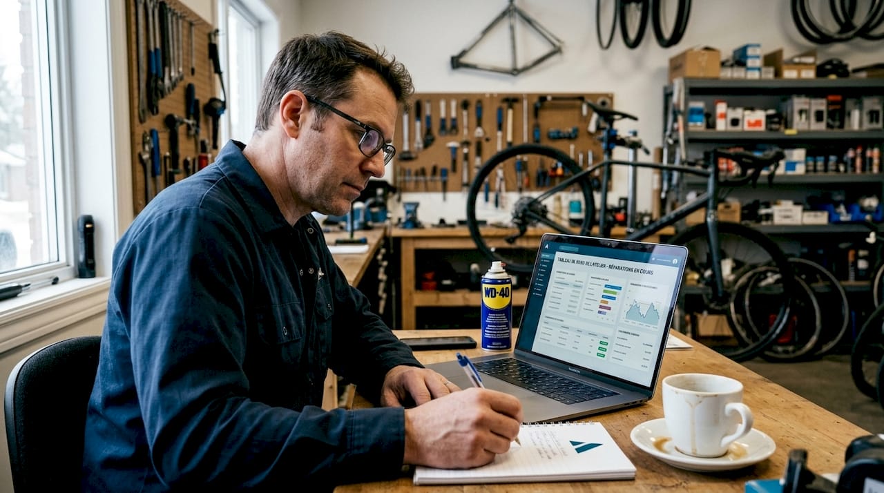 Dans son atelier, le vélociste s’appuie sur un logiciel spécialisé pour gérer les réparations et optimiser son travail.