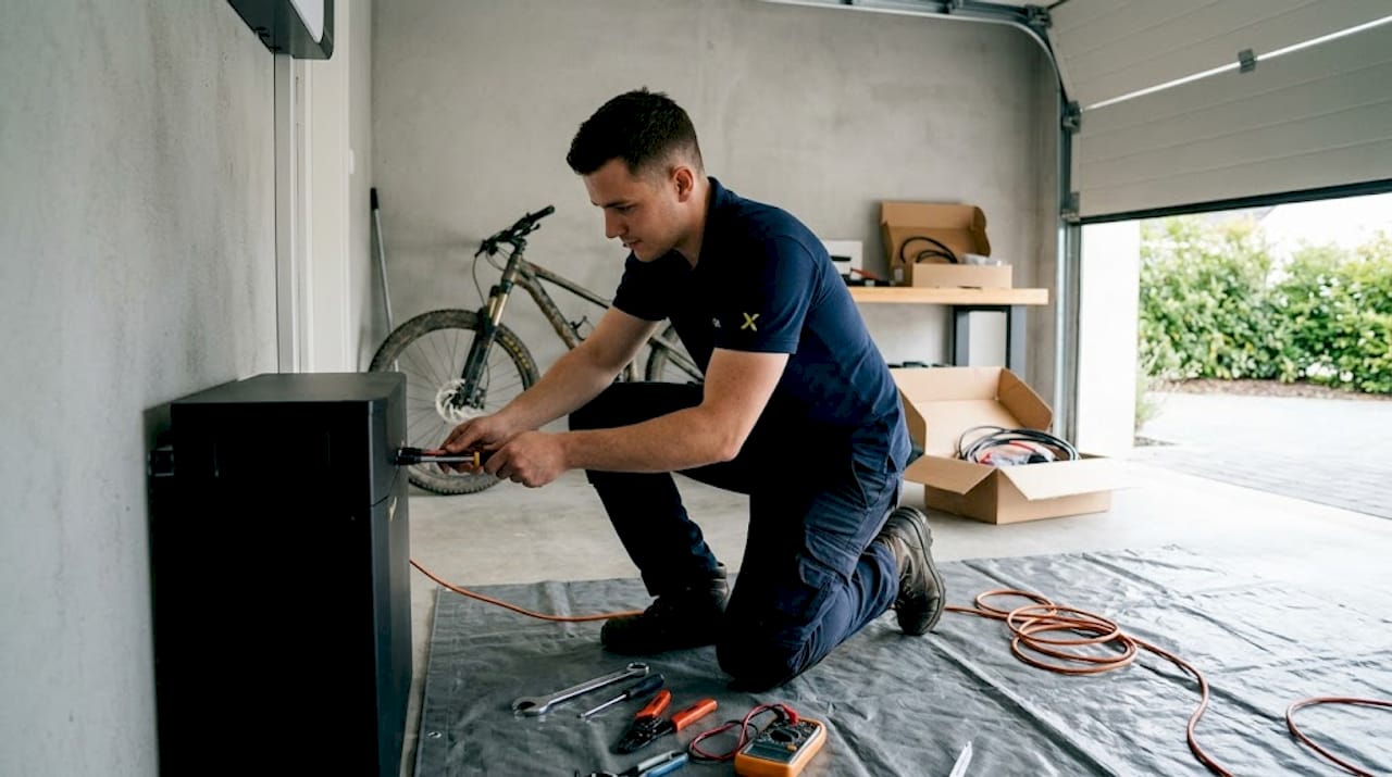 Un technicien installe une batterie solaire dans le garage d’une maison.