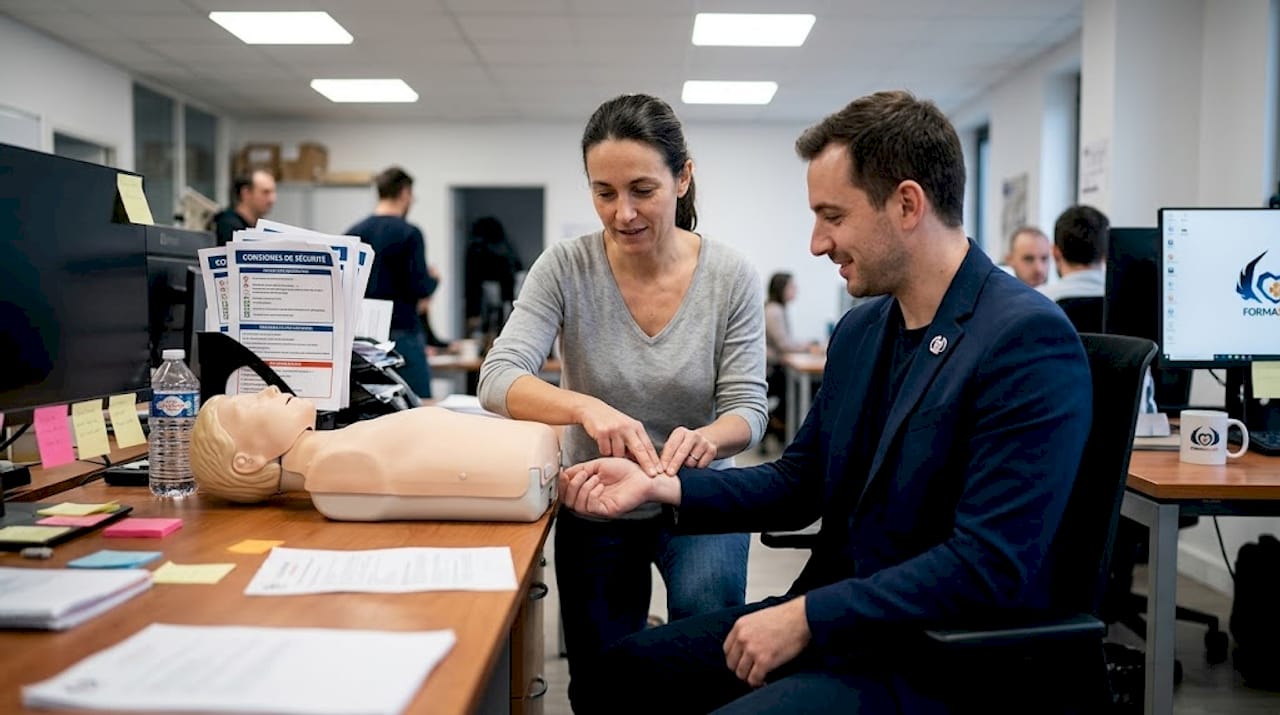 Un salarié s'entraîne aux gestes de premiers secours sur son lieu de travail.