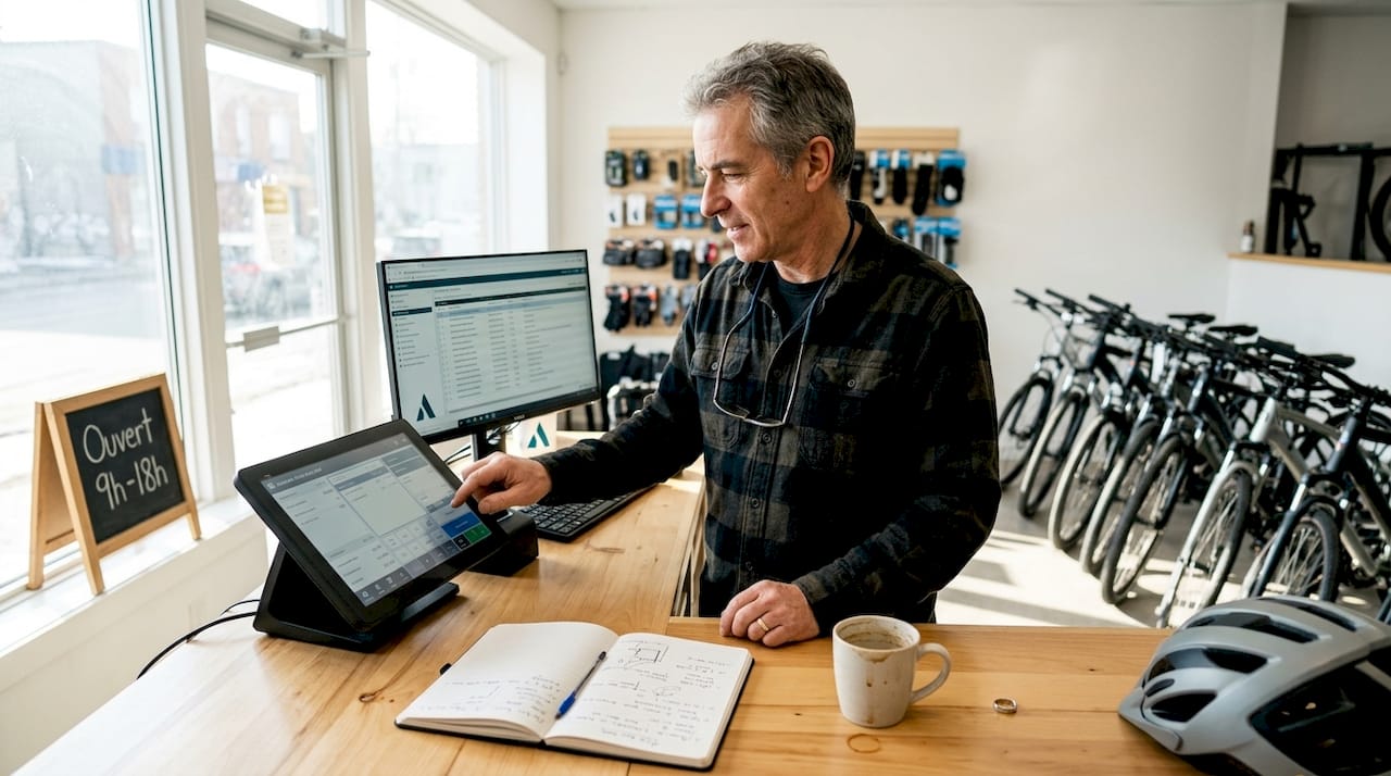 Un vendeur s'occupe des encaissements à la caisse dans un magasin de vélos.