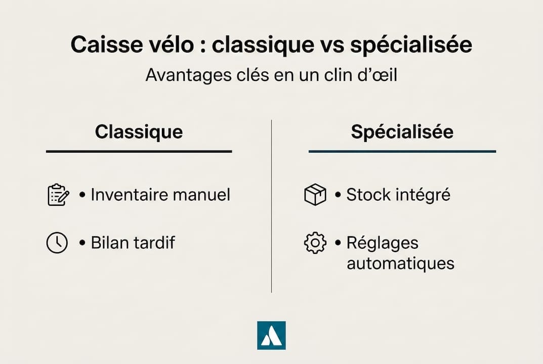 Infographie mettant en parallèle une caisse traditionnelle et une solution spécialisée