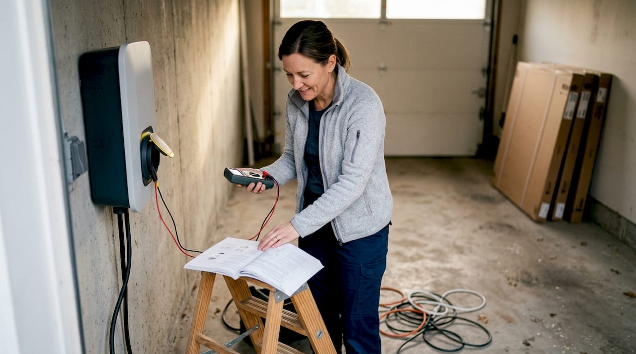 Un technicien vient contrôler l’installation de la borne de recharge pour voiture électrique à domicile.