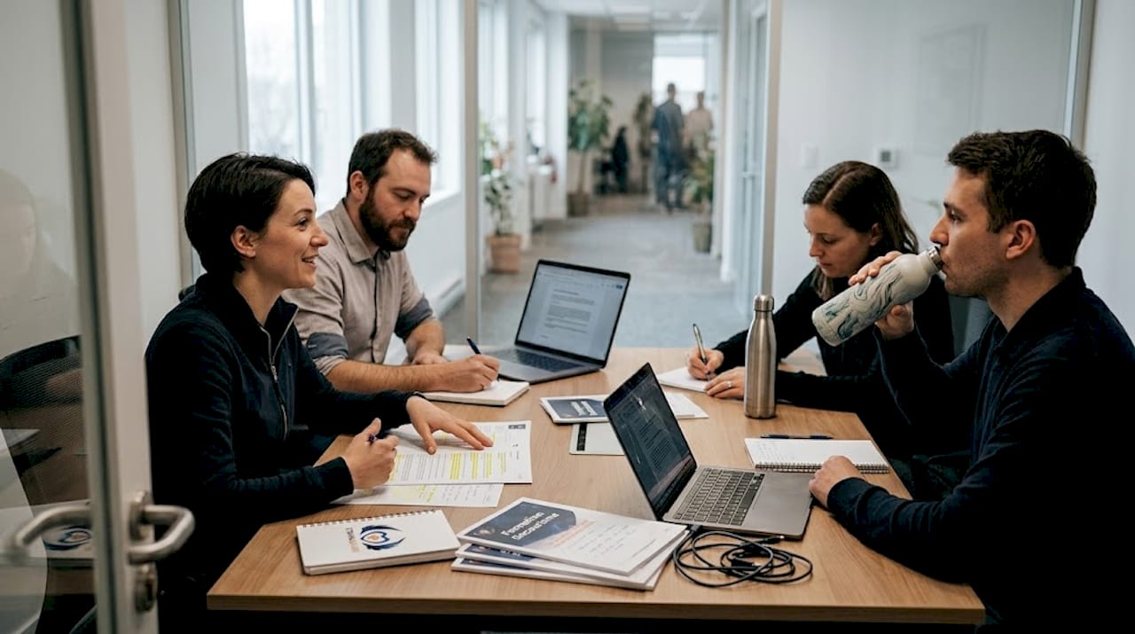 Des collaborateurs réunis autour d’une table participent à une session de formation professionnelle en entreprise.