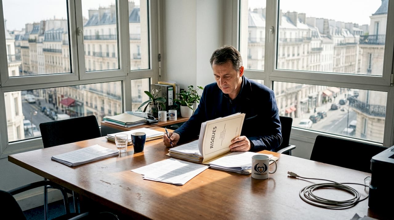 Un responsable passe en revue les dossiers de sécurité assis à son bureau.