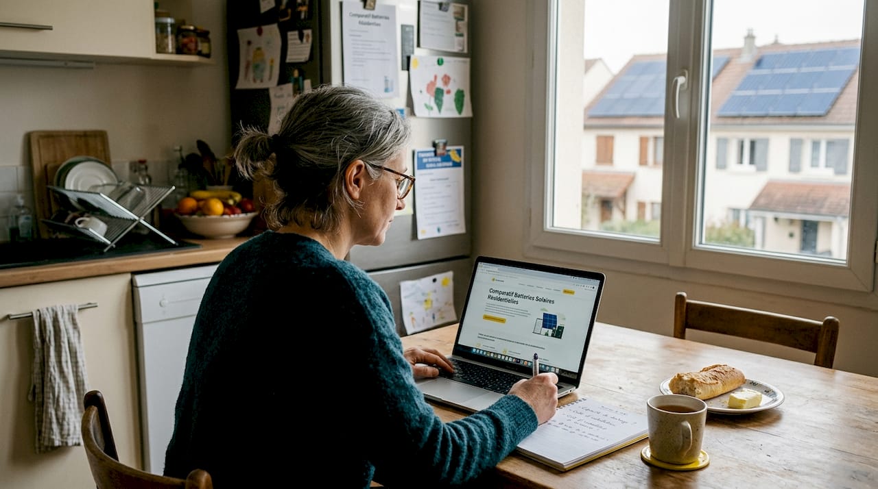 Une femme se renseigne sur les différentes solutions de batteries solaires pour équiper sa maison.
