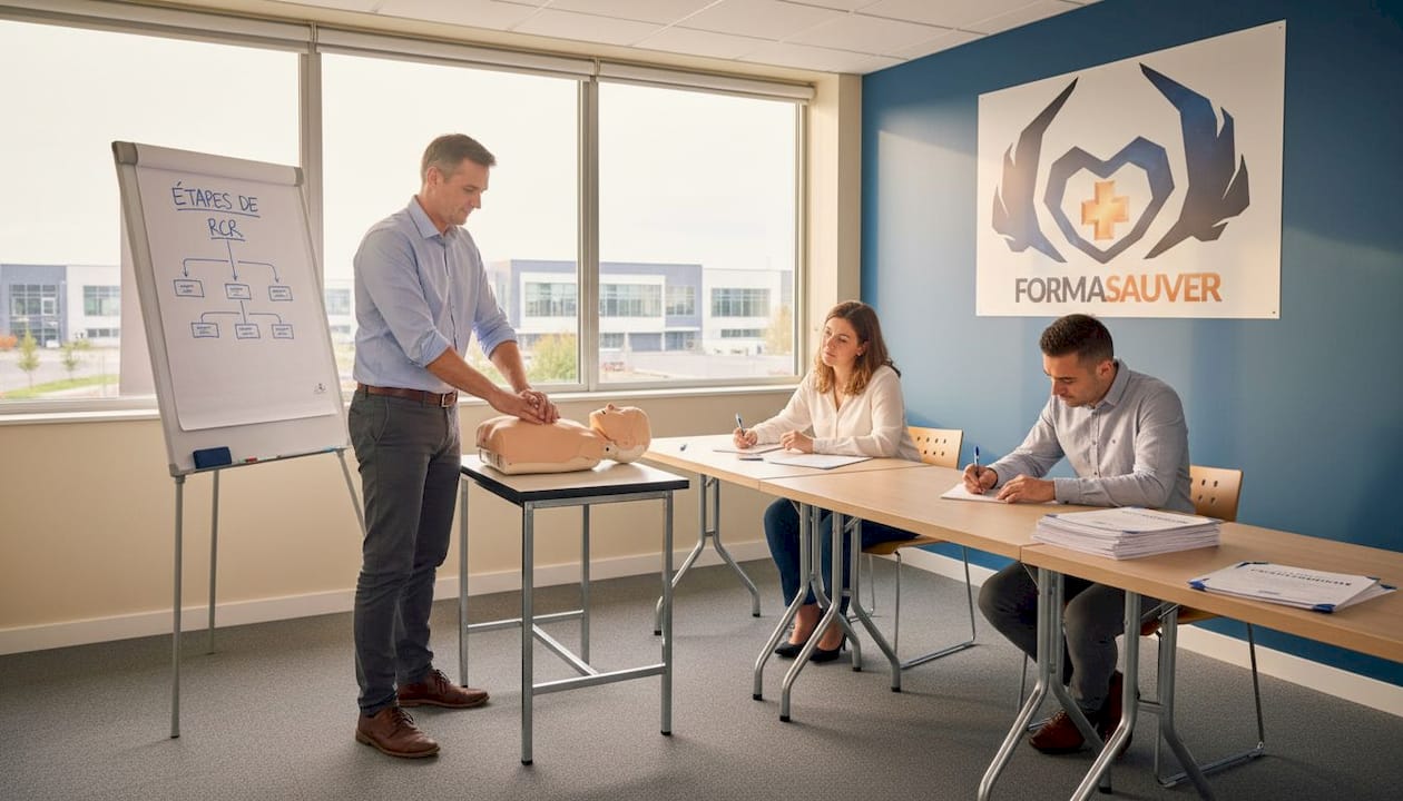 Un formateur en santé et sécurité au travail montre les gestes de premiers secours et la réanimation cardiaque lors d’une session pratique en salle de formation.