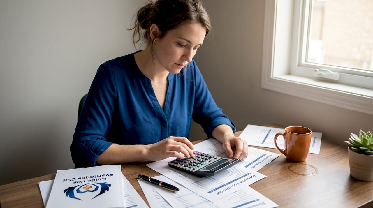 Une femme fait le point sur ses économies CSE depuis son bureau à la maison.
