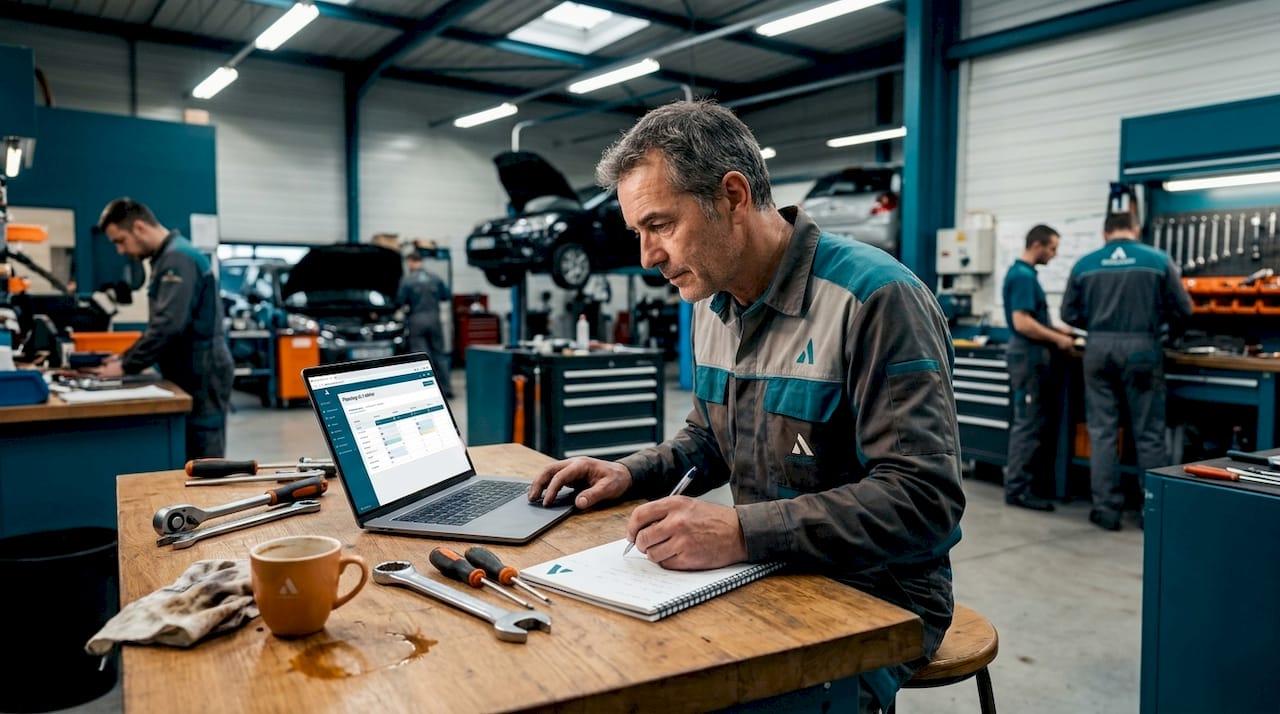 Le responsable de l’atelier mécanique consulte les données techniques sur son ordinateur, au cœur de l’atelier.