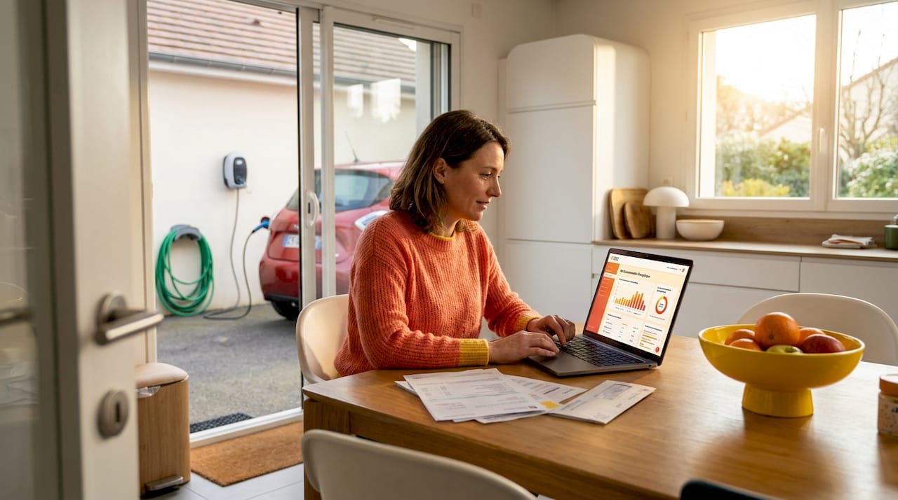 Dans sa cuisine, une femme surveille la charge de son équipement solaire.