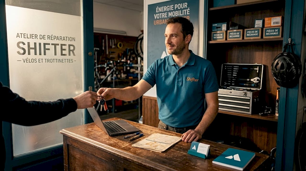 Dans l’effervescence de l’atelier, la réceptionniste accueille chaleureusement un client dès son arrivée.
