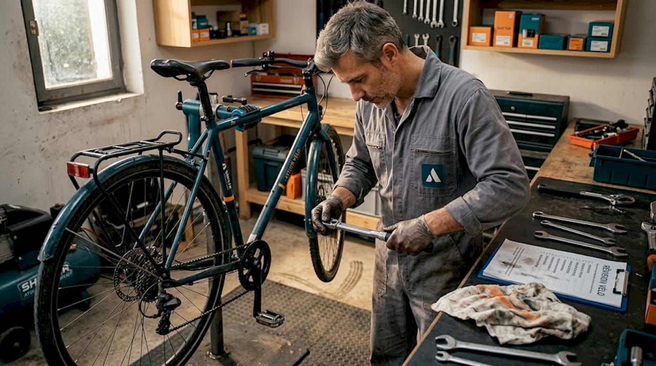 Un technicien examine le vélo d’un client dans l’atelier.