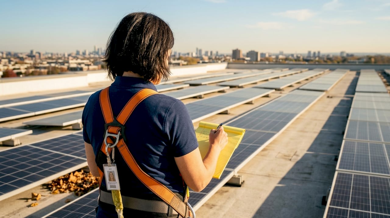 Un responsable examine l’installation de panneaux solaires sur le toit d’un bâtiment.