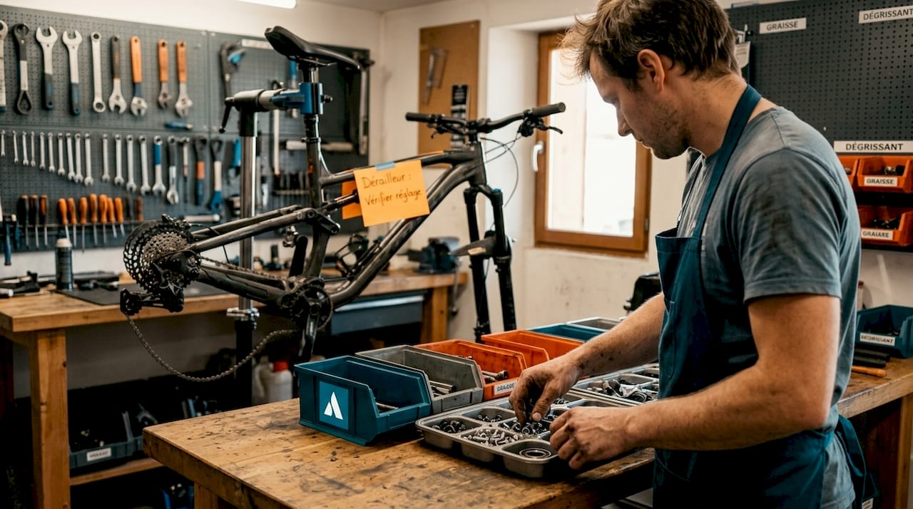 Dans son atelier, le mécanicien vélo s’affaire à organiser et sélectionner les différentes pièces pour préparer ses réparations.