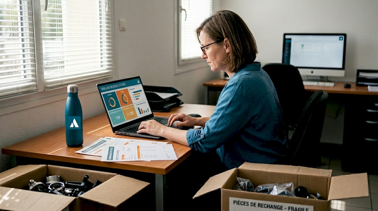 La responsable consulte les stocks de vélos sur son ordinateur.