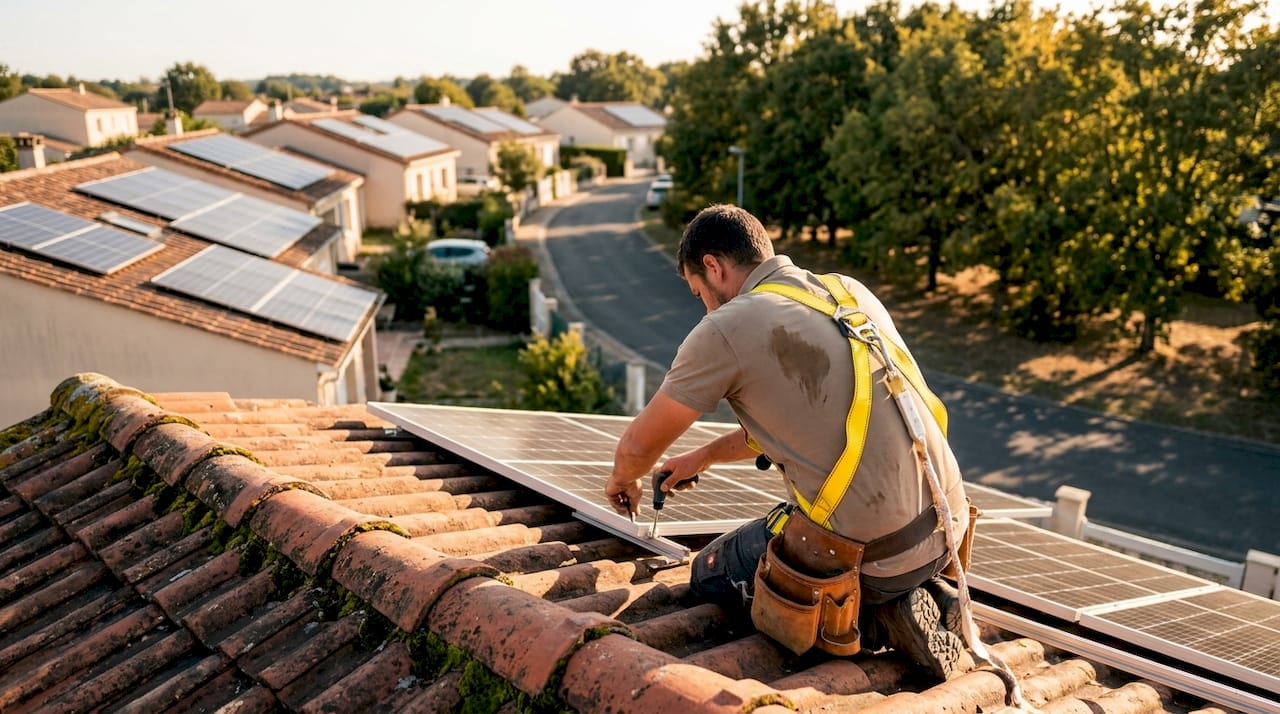 Un installateur procède à la pose de panneaux solaires dans le quartier.