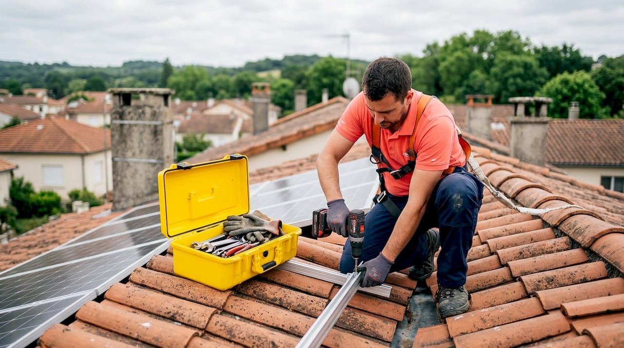 Un technicien spécialisé en énergie solaire procède à la pose de panneaux photovoltaïques sur le toit d’une maison.