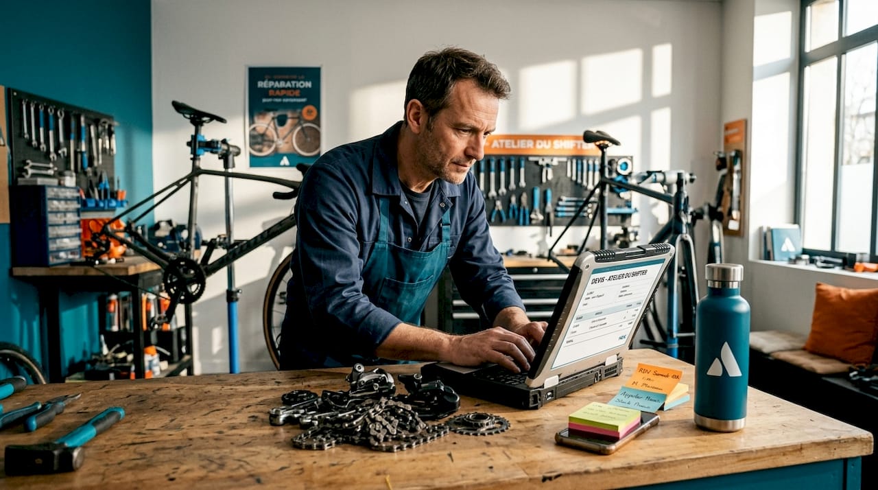 Dans l’atelier, le mécanicien vélo prépare un devis pour une réparation.