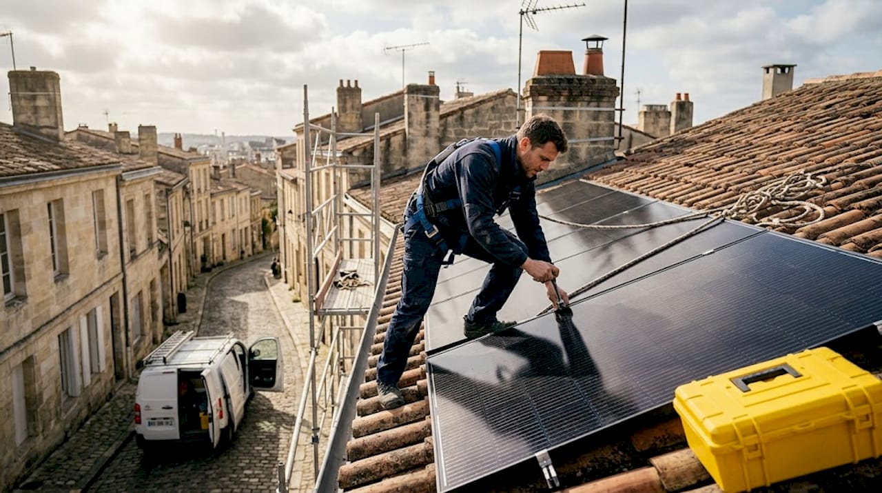 Un technicien procède à l’installation de panneaux solaires sur le toit d’une maison bordelaise.