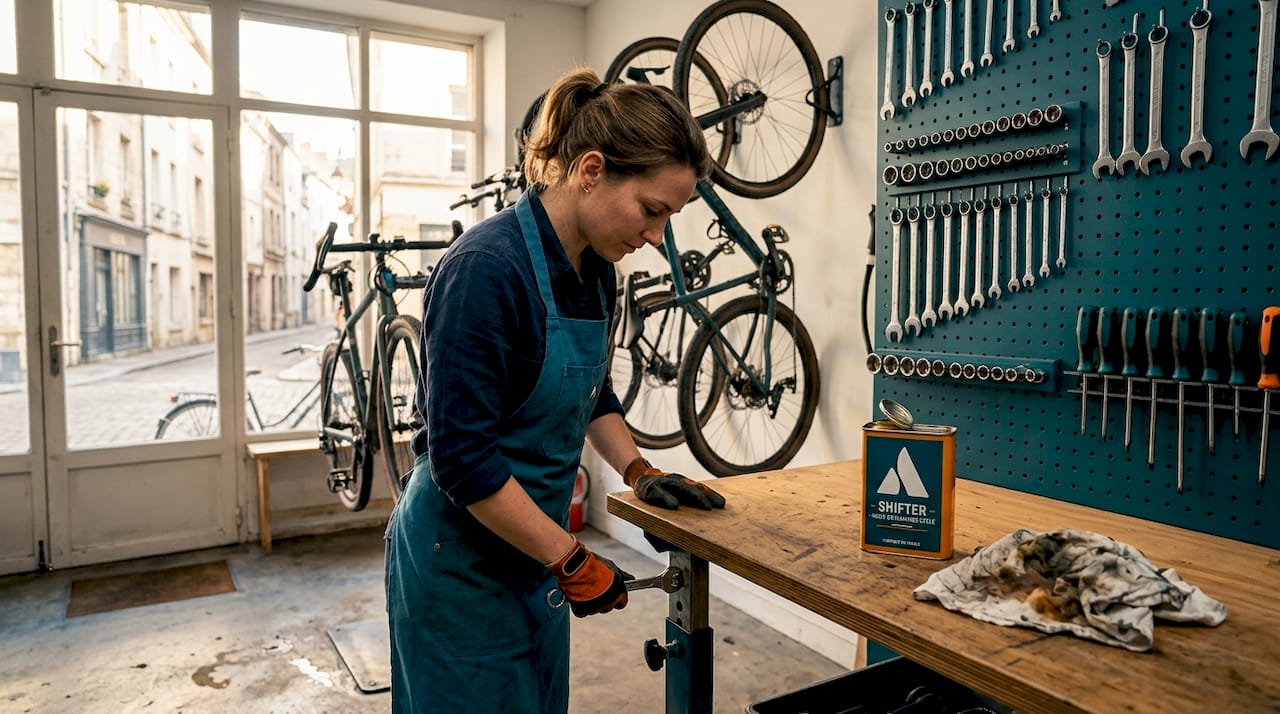 Dans un atelier de vélos impeccablement rangé, un mécanicien règle soigneusement son établi.