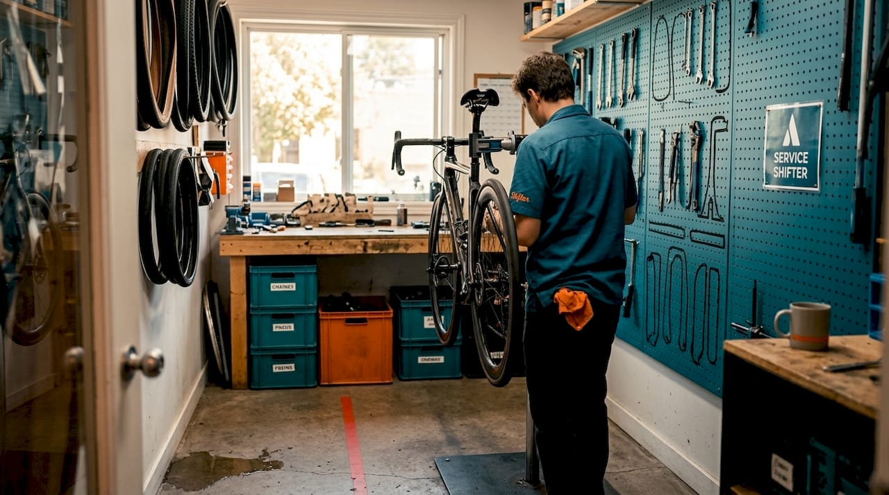 Coin atelier vélo avec rangements muraux verticaux et panneau à outils