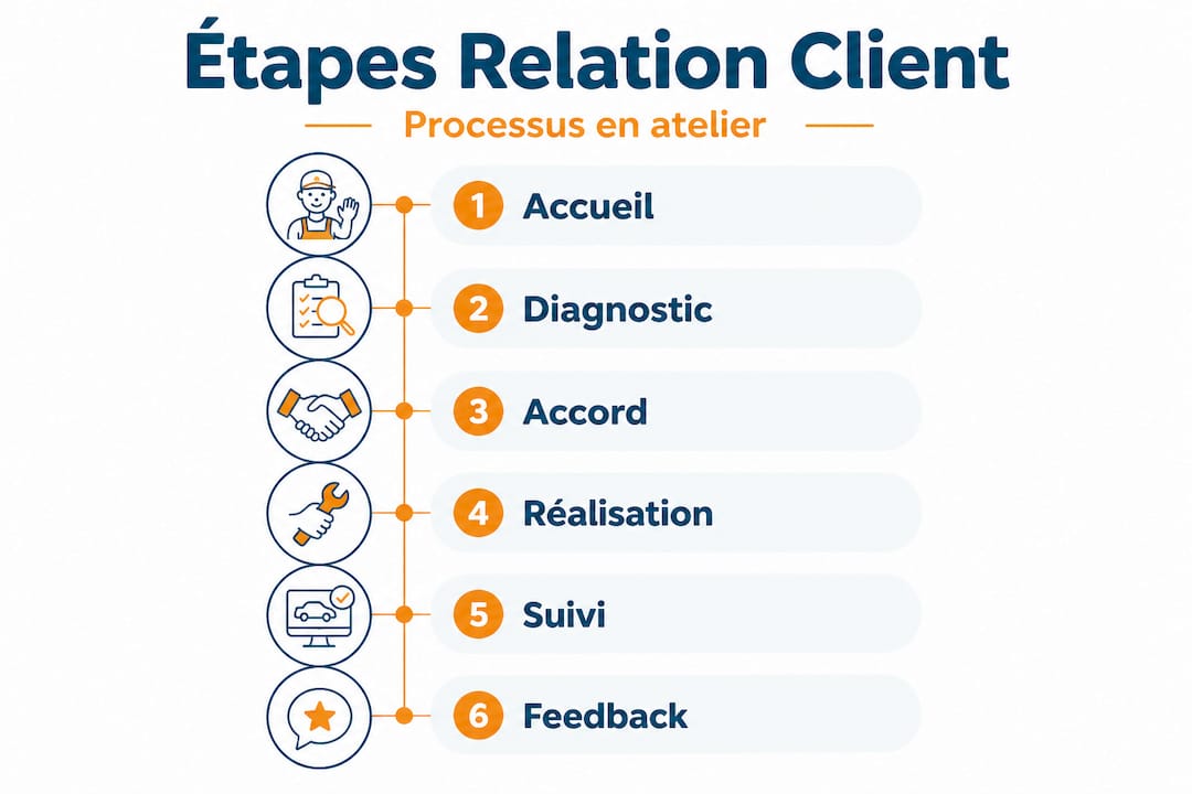 Visuel des différentes étapes du parcours client en atelier