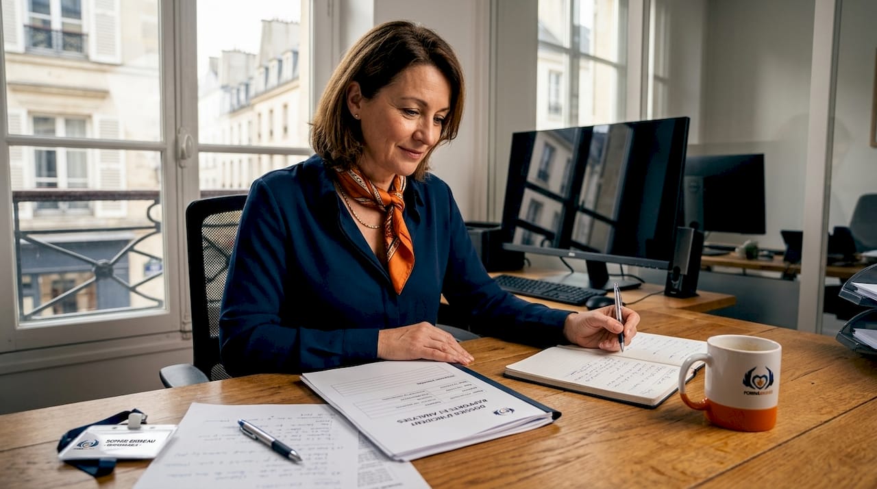 Le responsable d’une PME passe en revue un dossier d’incident depuis son bureau.
