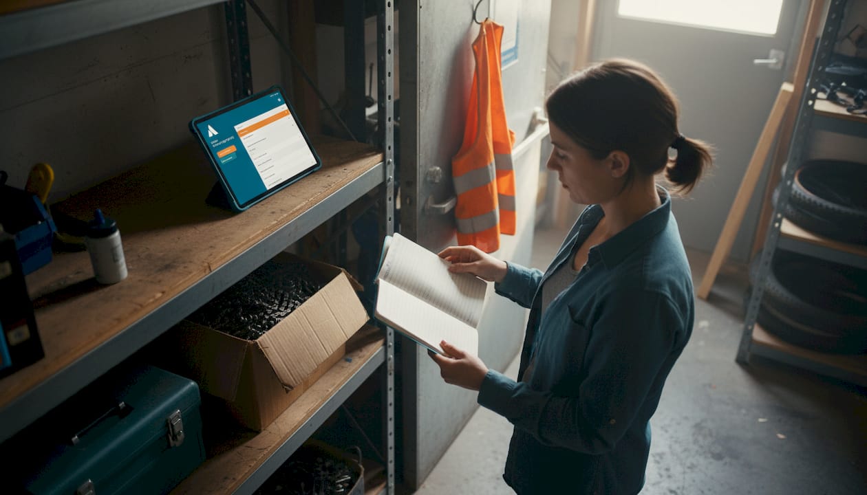 Le responsable gestionnaire de stock effectue le suivi des pièces sur tablette directement dans l’atelier vélo.