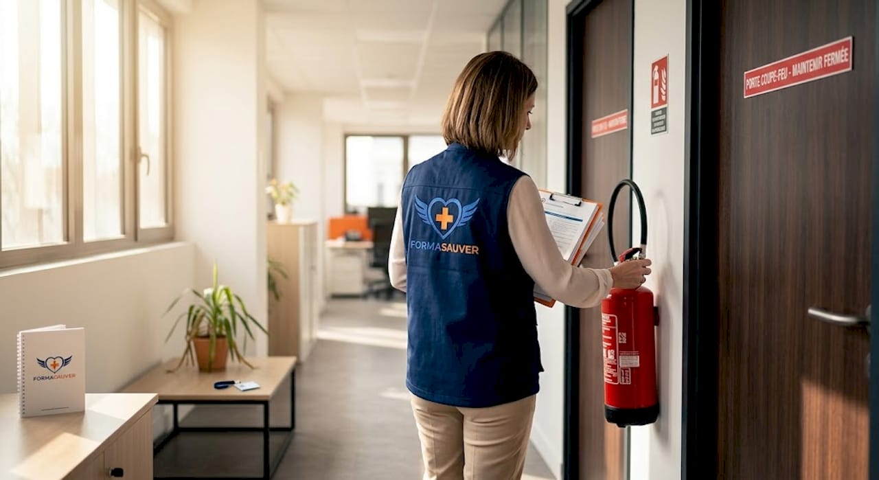 Le dirigeant d’une PME procède à la vérification des extincteurs dans ses locaux de bureau.