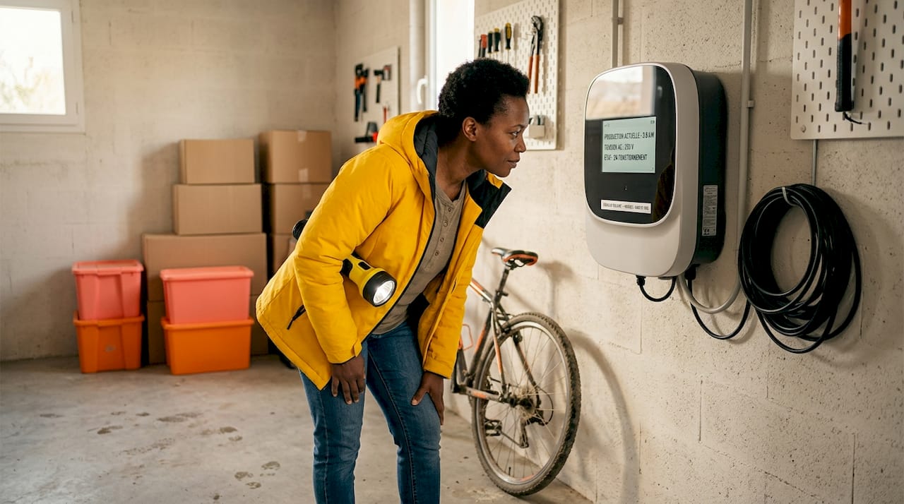 Une femme effectue un contrôle sur l’onduleur de son installation solaire.