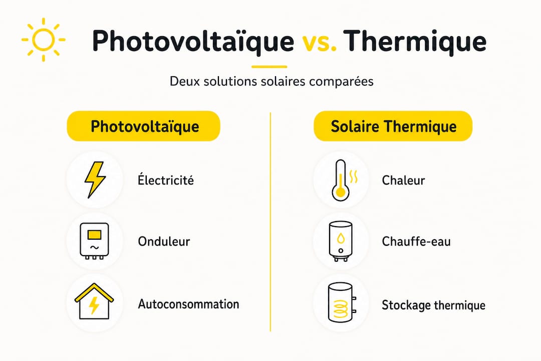 Comparatif en image : énergies solaires photovoltaïque versus thermique