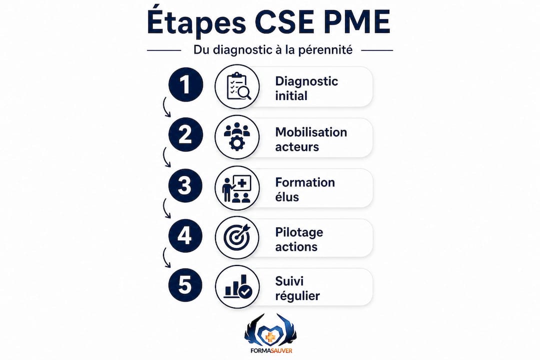 Schéma illustrant le parcours de mise en conformité CSE pour les PME
