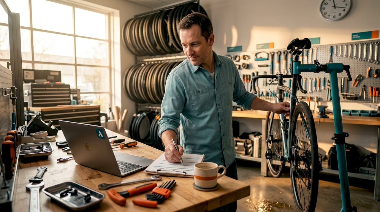 Le chef d’atelier vélo consulte le planning du jour, posé sur son établi, pour organiser les interventions à venir.