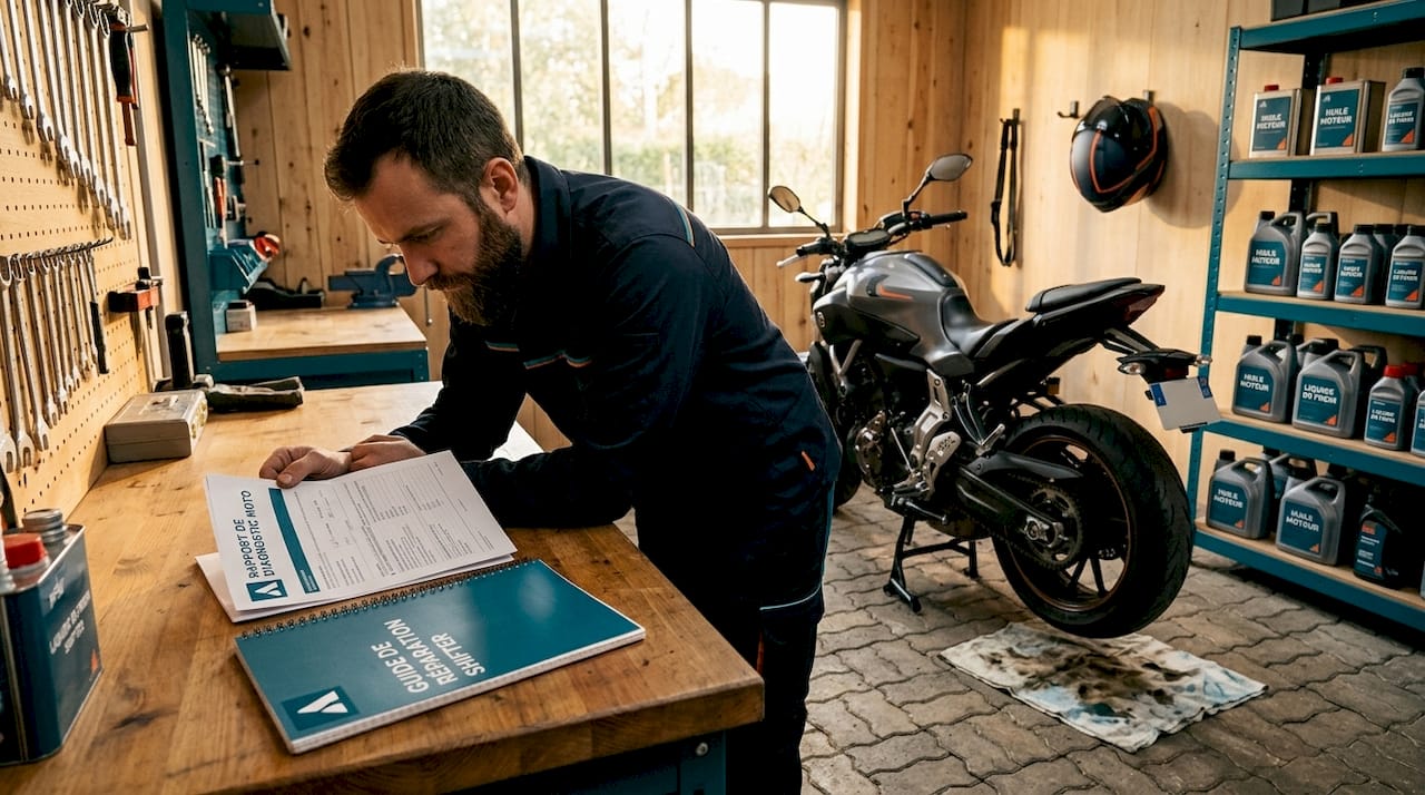 Un technicien réalise un diagnostic sur une moto dans un atelier en ville.