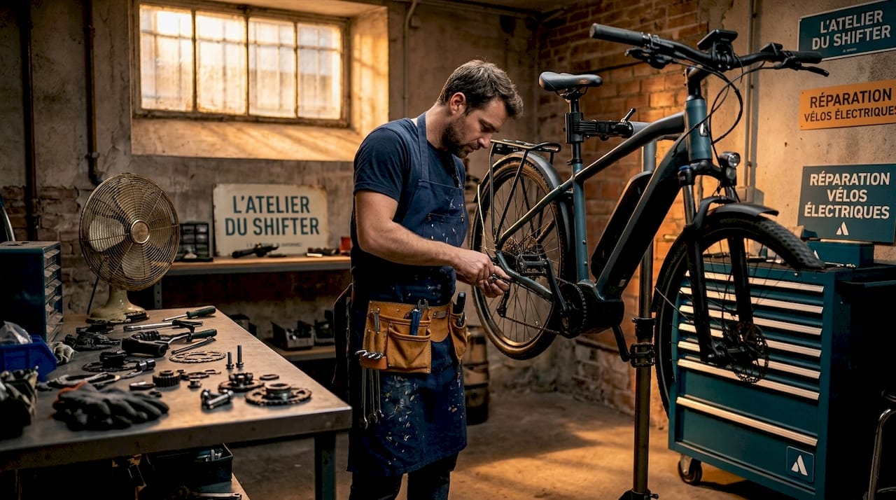 Un technicien en atelier procède à l’entretien d’un vélo à assistance électrique.
