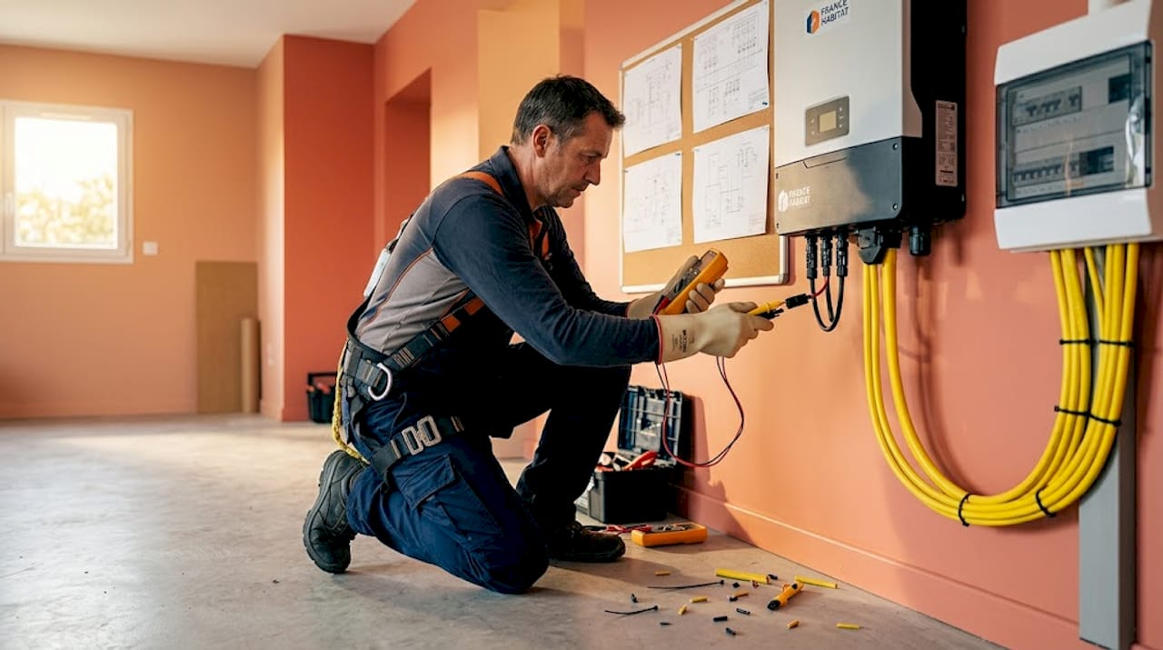 Un électricien procède au raccordement de panneaux solaires à un onduleur fixé au mur.