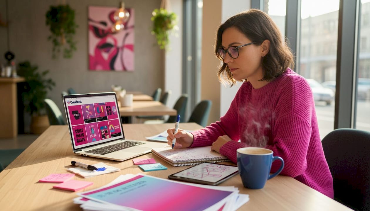 Strategist reviews ad creative in home office