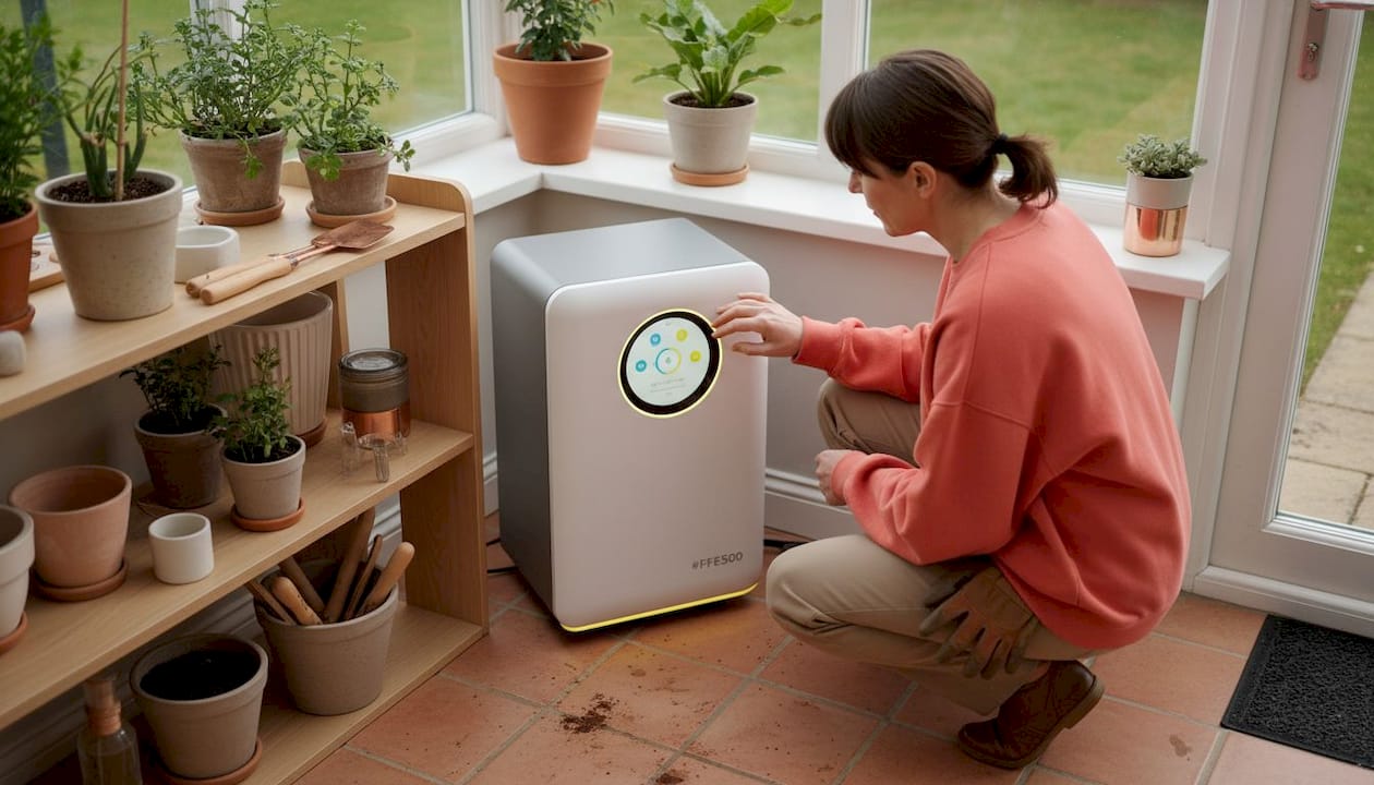 Une femme examine l'installation de sa batterie solaire à domicile.