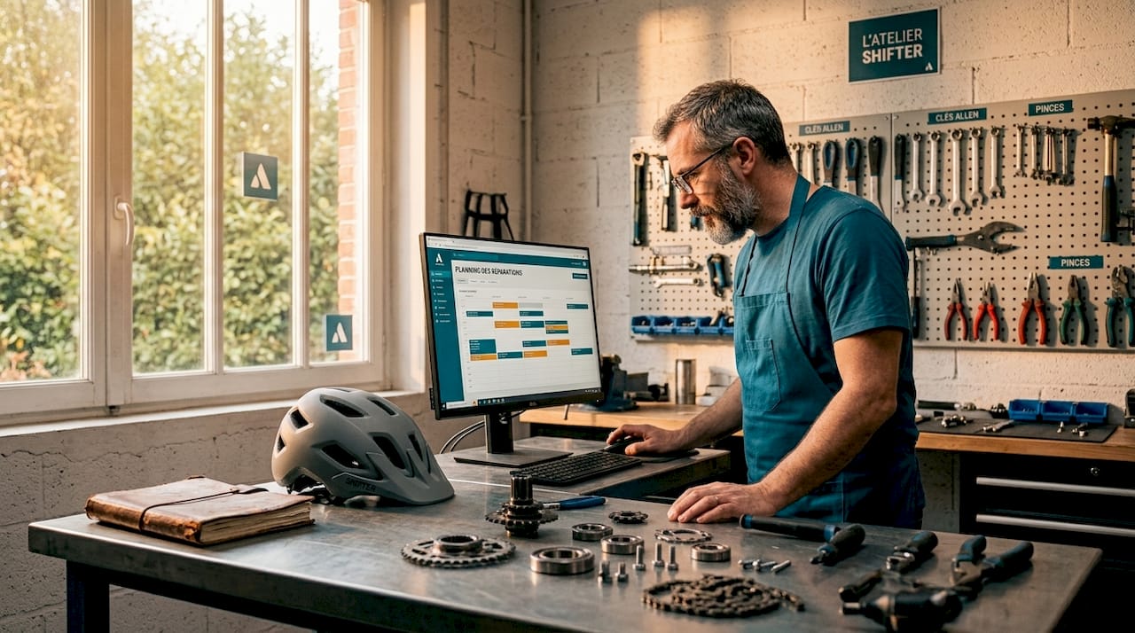 Un technicien travaille sur son poste à l’atelier tout en consultant le CRM pour suivre l’avancement de ses interventions.